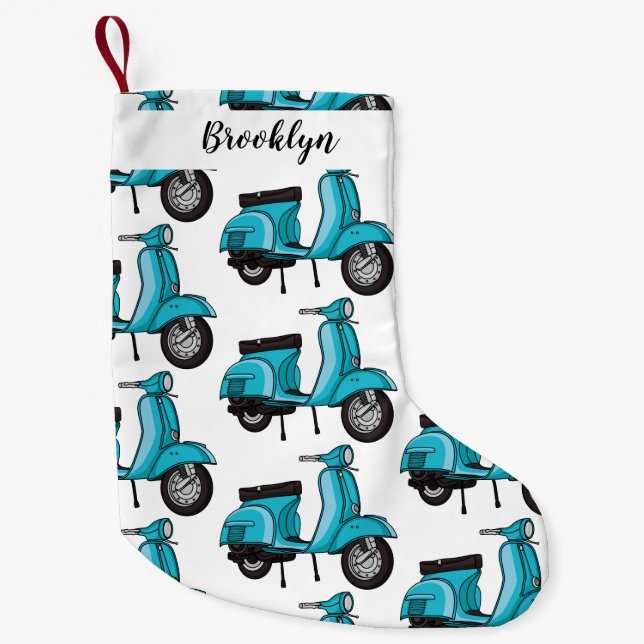 Cute moped motorcycle cartoon illustration small christmas stocking (Front)