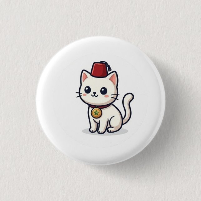 Cute Moroccan Kawaii Cat with Fez Sticker 1 Inch Round Button (Front)