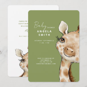 Cute Moss Green Baby Giraffe Baby Shower Invitation