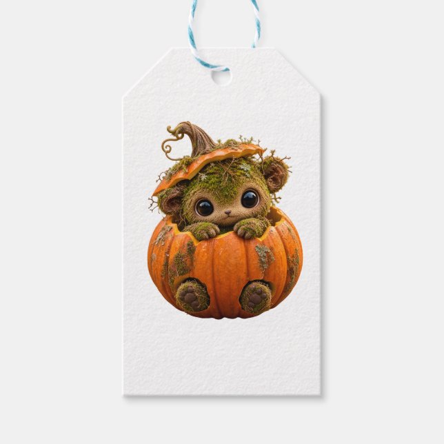 Cute Mossy Pumpkin Creature gift Tags (Front)