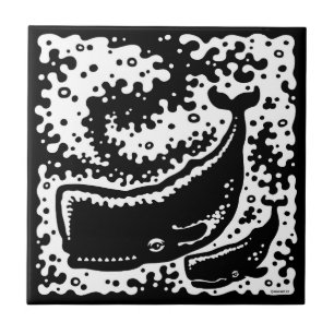 Cute Mother and Calf Whales Tile