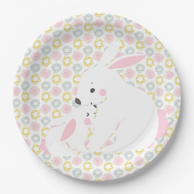Cute Mother & Baby Girl Bunny Baby Shower Paper Plate (Front)