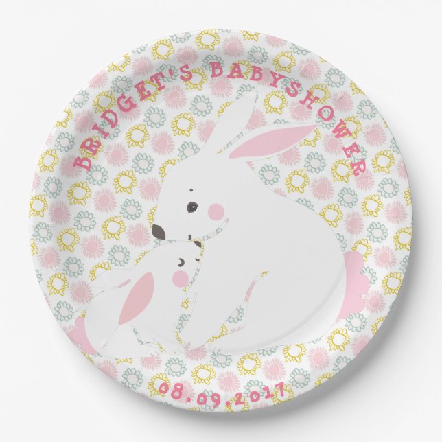 Cute Mother & Baby Girl Bunny Paper Plates (Front)