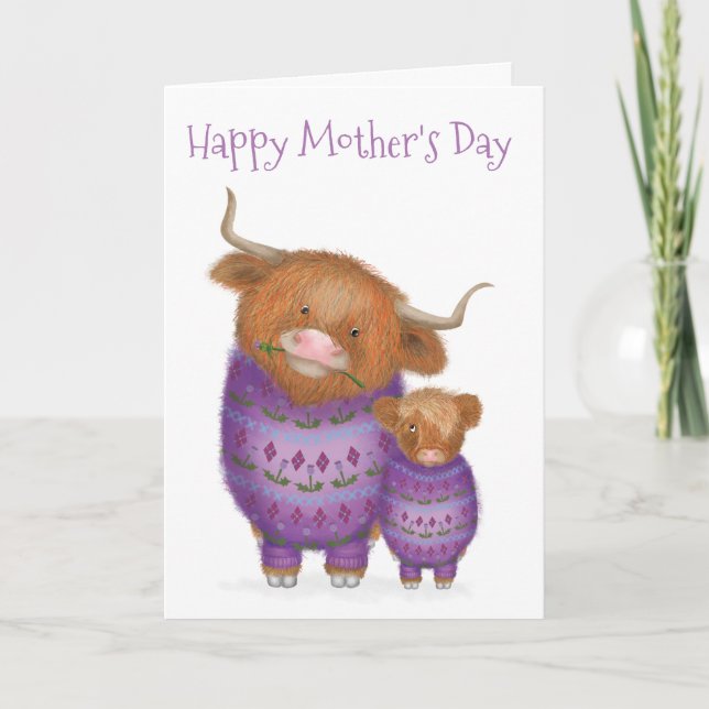 Cute mother & baby Highland cow Mother's Day card (Front)