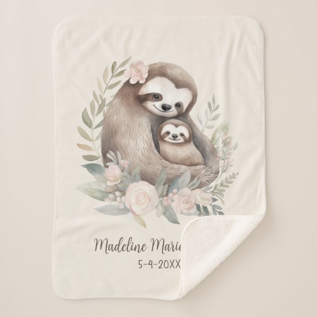 Cute Mother Baby Sloth Name Birthdate  Sherpa Blanket (Front)