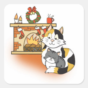 Cute Mother cat and Kitten Christmas Fireplace Square Sticker