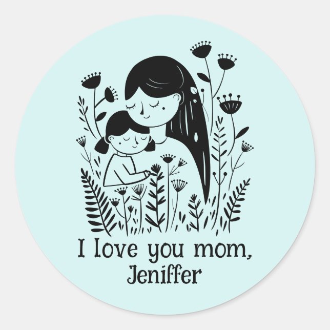 Cute Mother & Daughter Hugging Mother's Day Blue Classic Round Sticker (Front)