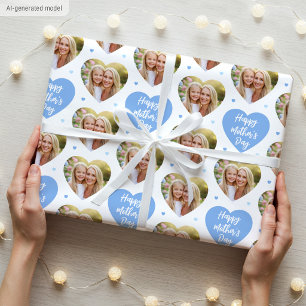 Cute Mother's Day 6 Photo Mom Love Hearts Blue Wrapping Paper