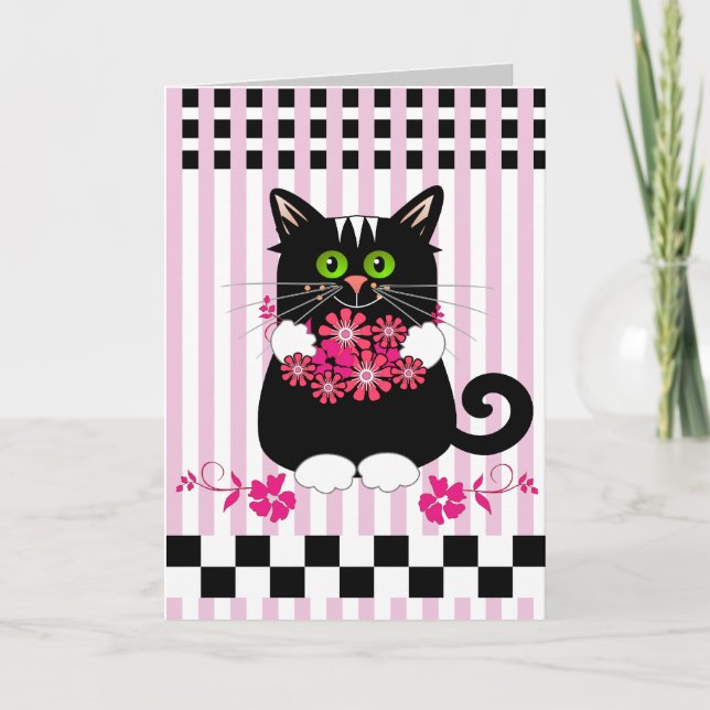 Cute Mother's day card with cat offering flowers (Front)