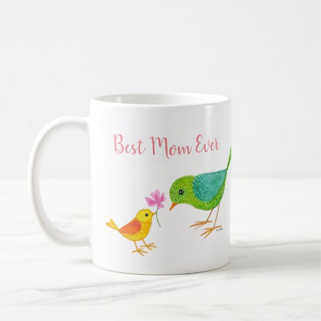 Cute Mother's Day Gift Mama Bird Baby Bird Flower Coffee Mug (Left)