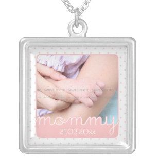 Cute Mothers Day Photo Pink Polka Dots Cut Outs Silver Plated Necklace