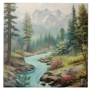 Cute Mountain lake scene Tile