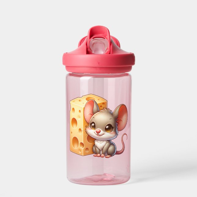 Cute Mouse and Cheese Cartoon Personalized Water Bottle (Front)