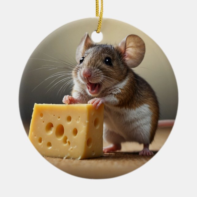 Cute Mouse and Cheese Ceramic Ornament (Front)