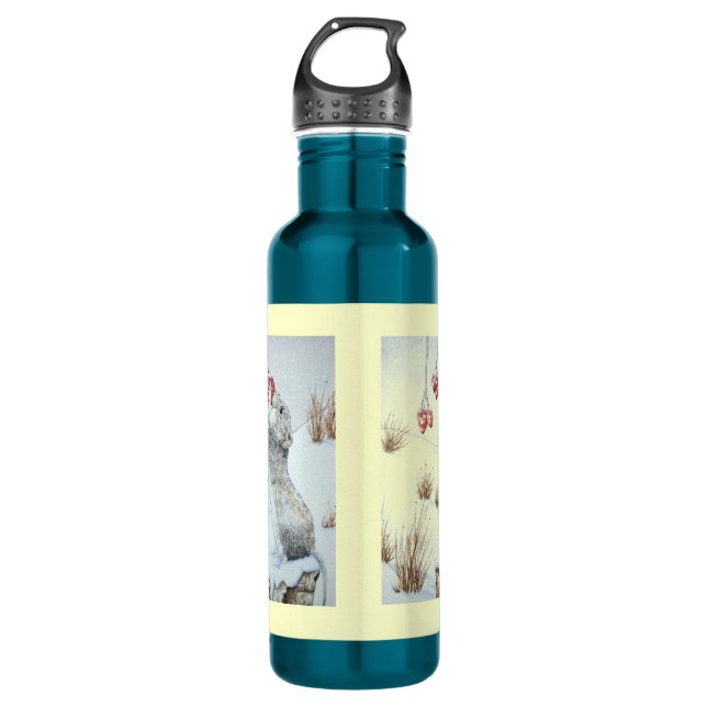 Cute mouse and red berries snow scene wildlife 710 ml water bottle (Front)