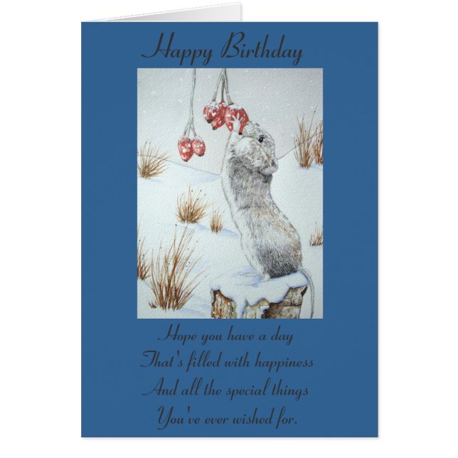 Cute mouse and red berries snow scene wildlife art (Front)