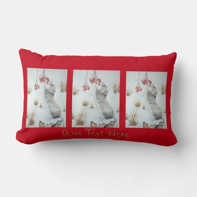 Cute mouse and red berries snow scene wildlife art lumbar pillow (Front)
