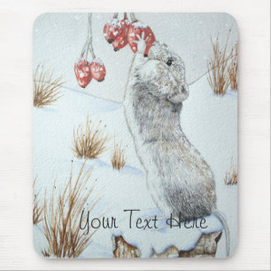 Cute mouse and red berries snow scene wildlife art pad