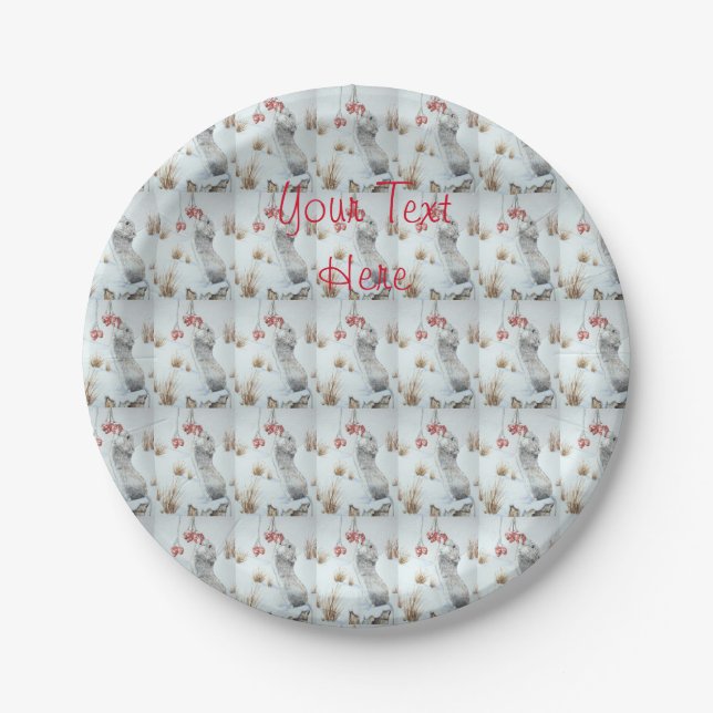 Cute mouse and red berries snow scene wildlife art paper plate (Front)