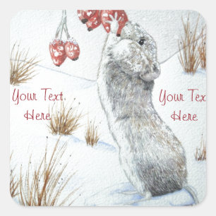 Cute mouse and red berries snow scene wildlife art square sticker