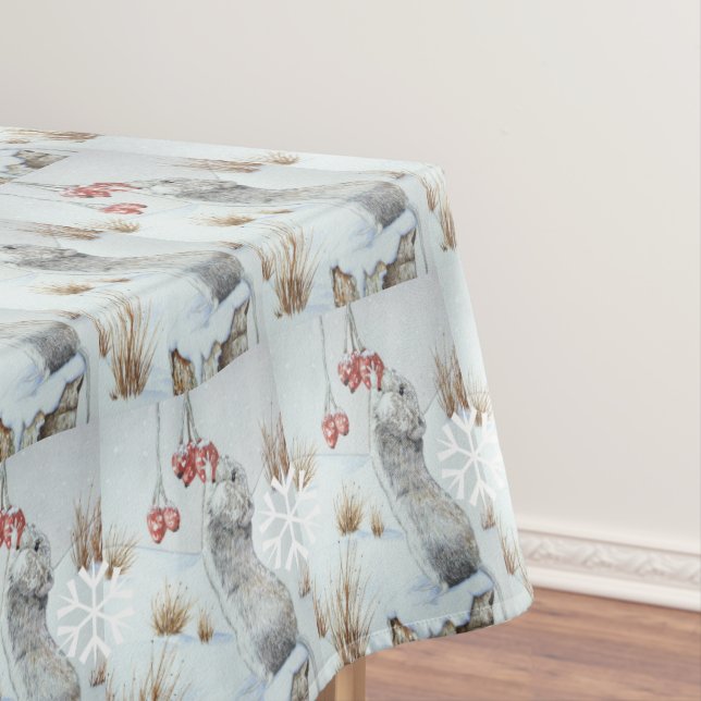 Cute mouse and red berries snow scene wildlife art tablecloth (In Situ)
