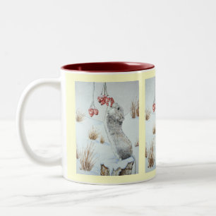 Cute mouse and red berries snow scene wildlife art Two-Tone coffee mug