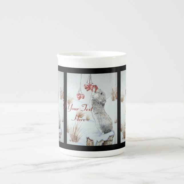 Cute mouse and red berries snow scene wildlife bone china mug (Front)