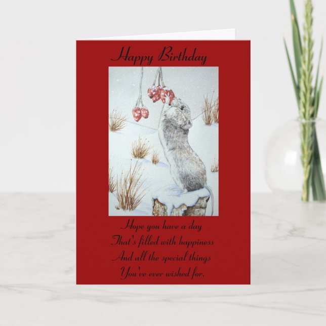 Cute mouse and red berries snow scene wildlife card (Front)