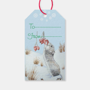 Cute mouse and red berries snow scene wildlife gift tags