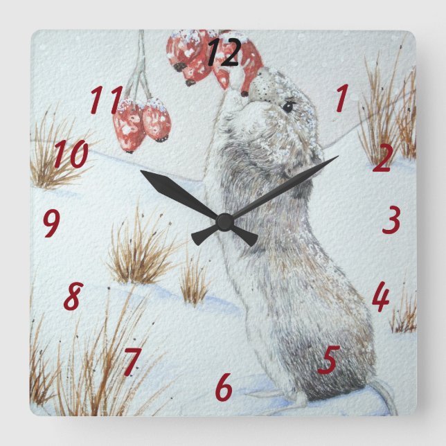cute mouse and red berries snow scene wildlife square wall clock (Front)