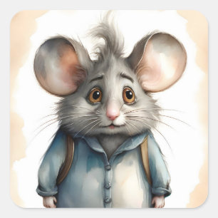 Cute Mouse Blue Jacket Backpack Portrait  Square Sticker