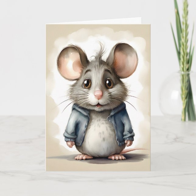 Cute Mouse Blue Jacket Portrait Carte de vœux vier (Devant)
