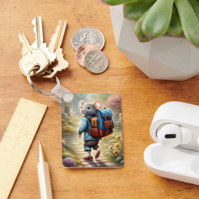 Cute mouse boy on his way to school, personalized  keychain (Desk)