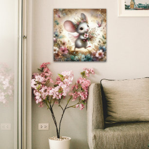 Cute Mouse Carrying Flowers Watercolor Glitter Poster