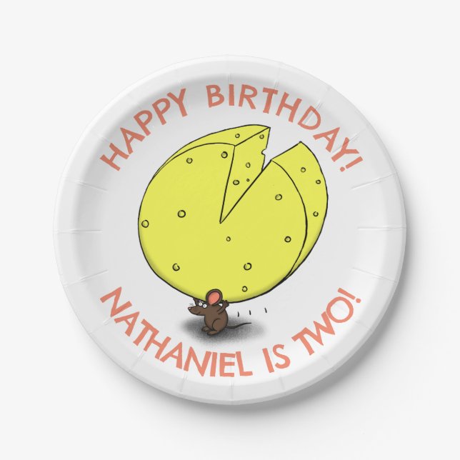 Cute mouse cheese personalized cartoon birthday paper plate (Front)
