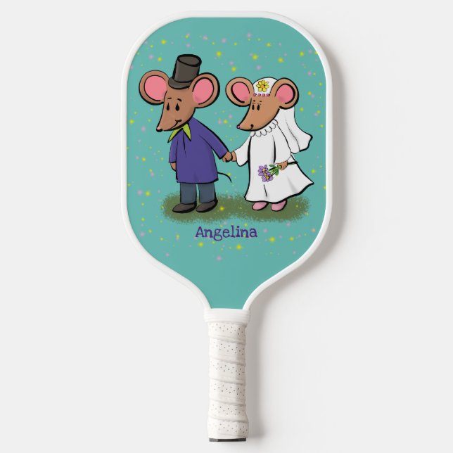 Cute mouse couple cartoon illustration pickleball paddle (Front)