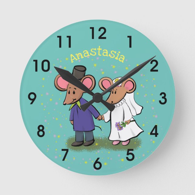 Cute mouse couple cartoon illustration round clock (Front)
