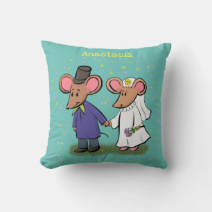 Cute mouse couple cartoon illustration throw pillow