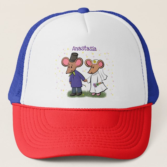 Cute mouse couple cartoon illustration trucker hat (Front)