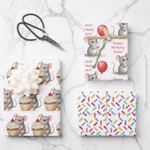 Cute Mouse, Cupcakes and Sprinkles Birthday Wrapping Paper Sheet