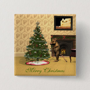 Cute Mouse Decorating a Christmas Tree 2 Inch Square Button