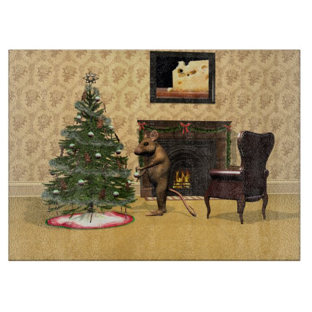 Cute Mouse Decorating a Christmas Tree Cutting Board (Front)
