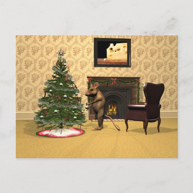 Cute Mouse Decorating a Christmas Tree Holiday Postcard (Front)