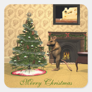 Cute Mouse Decorating a Christmas Tree Square Sticker
