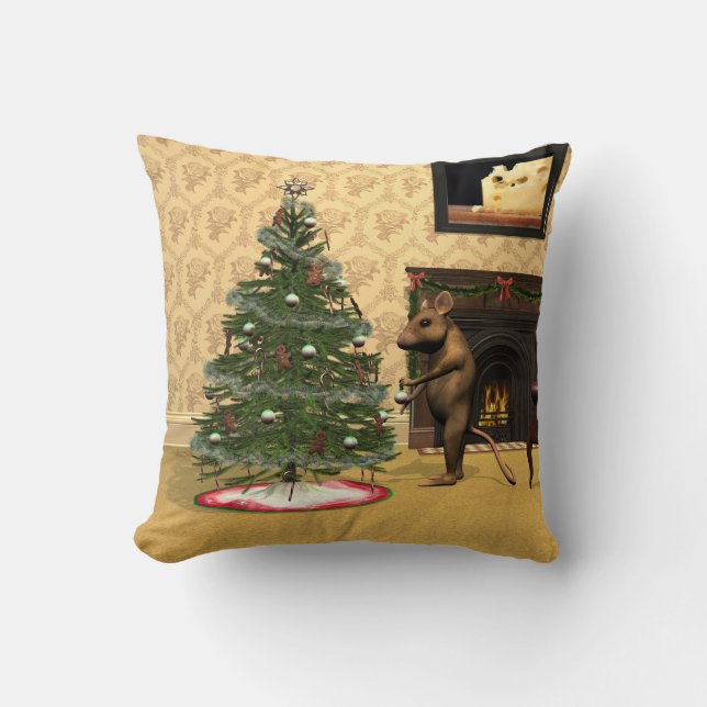 Cute Mouse Decorating a Christmas Tree Throw Pillow (Front)