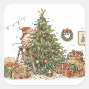 Cute Mouse Decorating Christmas Tree for Animal Lo Square Sticker