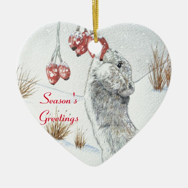 cute mouse eating berries snow scene wildlife ceramic ornament (Front)