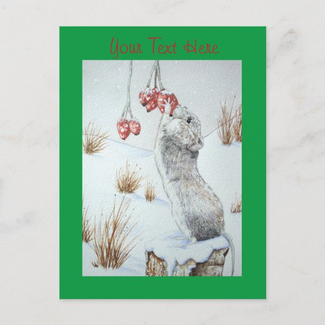 cute mouse eating berries snow scene wildlife postcard (Front)