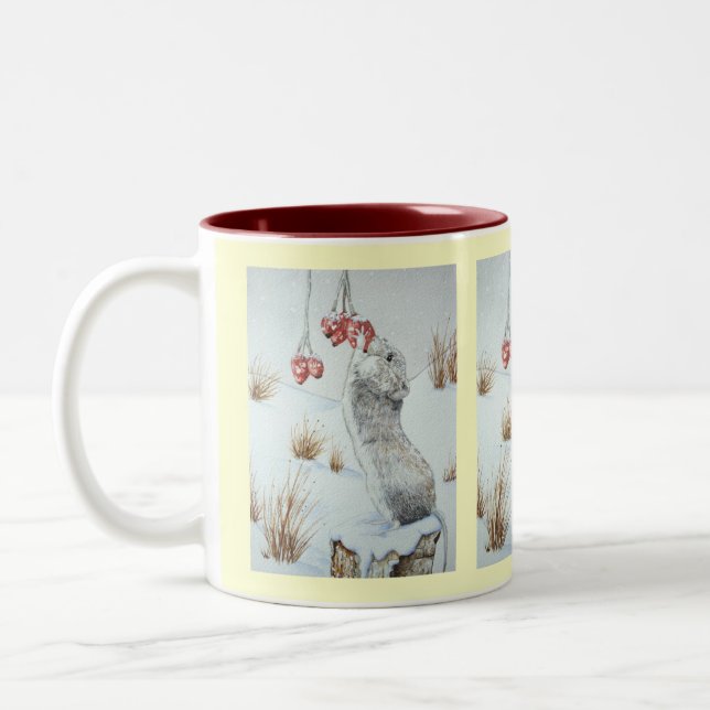 Cute mouse eating berries snow scene wildlife Two-Tone coffee mug (Left)