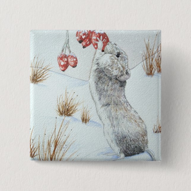 Cute mouse eating berries wildlife snow scene 2 inch square button (Front)